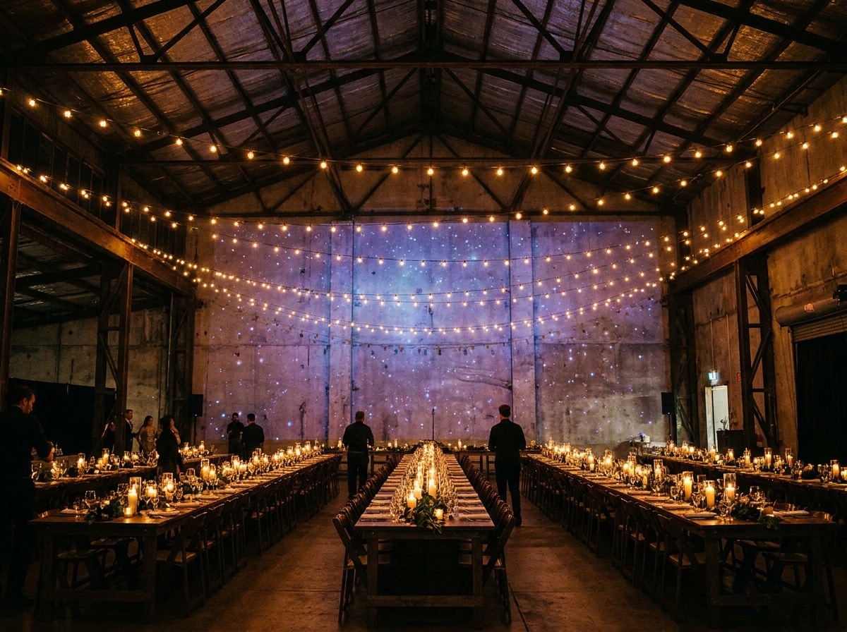 Event hall set for a celebration with string lights and long tables